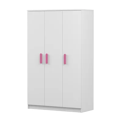 Produktbild von Kinder-Kleiderschrank 120 cm – Weiß/Weiß mit rosa Griffe, Kleiderstange & Einlegeböden JONAS 19