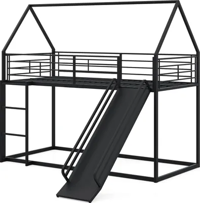 Zdjęcie produktu dla COSTWAY łóżko na poddaszu 90x200cm ze zjeżdżalnią, drabinką i dachem, łóżko dziecięce w kształcie domku, łóżko piętrowe, łóżko piętrowe metalowe łóżko domowe z zabezpieczeniem przed wypadnięciem czarne