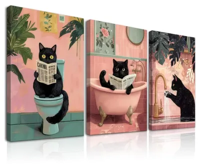 Image de Omgoods - Décoration murale rétro élégante - Décoration de salle de bain rose avec un chat noir