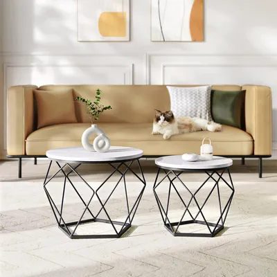 A living room scene with a sofa, coffee tables, and a cat.