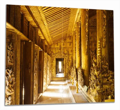 Produktbild von Wallario Herdabdeckplatte aus Glas, Größe 60 x 52 cm 2-teilig, Motiv Buddhistischer Tempel aus Holz - Mandaley