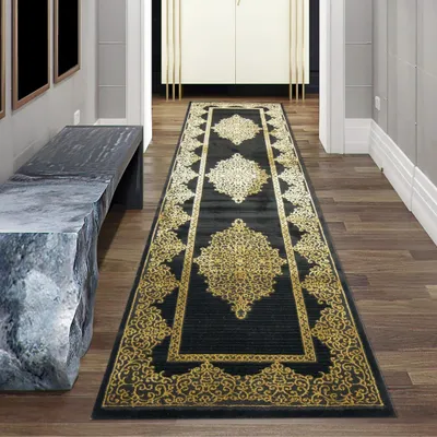 Obrázek produktu pro Moderní koberec s krátkým vlasem do obývacího pokoje s ornamenty v černé zlaté barvě velikost - 80 x 300 cm