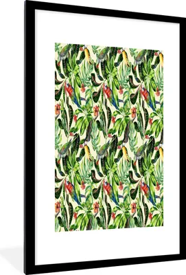 Produktbild von MuchoWow® MuchoWow® Gerahmtes Poster Blumen - Hibiskus - Vogel - Muster 60x90 cm - Poster mit zchwarzem Bilderrahmen - Dekoration - Wandposter Wohnzimmer - Hochwertig