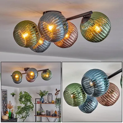 Produktbild von Fossobiubo 5-flammige Deckenlampe aus Metall/Riffelglas in Grün/Blau/Kupfer