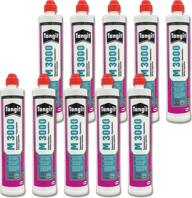 A collection of Tangit M3000 2-component expansion resin bottles arranged in rows.