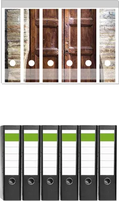 Produktbild von Wallario 6 Stück breite Ordner inkl. Klebeetiketten mit Motive Holztür braun -  Set mit Rückenschildern / Ordnerrücken Stickern