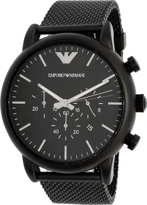 A close-up shot of a black Emporio Armani analog watch.