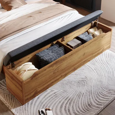 Produktbild von Merax Doppelbett 180x200 mit Nachttisch, Polsterbett Eiche mit Leselicht, USB-C Ladeanschluss und Stauraumbank, Holzbett ohne Matratze