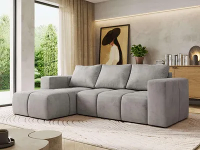 Produktbild von MKS MEBLE L-förmige Ecke MONIVA, Ecksofa mit DL-Schlaffunktion, 266 x 164 x 89 cm, L-Couch mit Bettkasten - Hellgrau Velvet - Links Seite