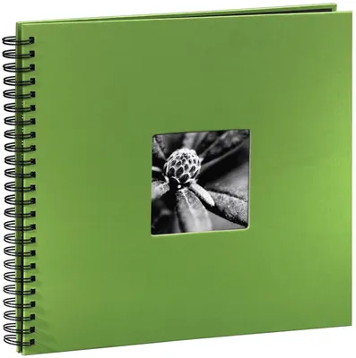 A green spiral-bound album with a square photo window on the cover.