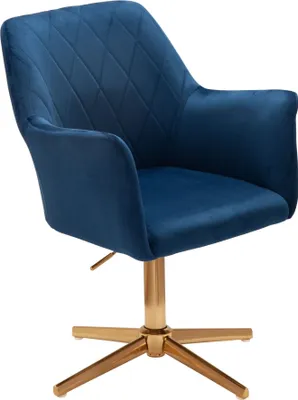 A blue velvet office chair with a gold base.