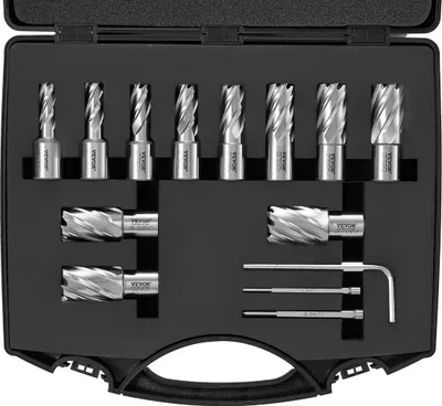 Produktbild von Ringfräsersatz, 13-teilig, Weldon-Schaft-Magnetbohrer, 1" Schnitttiefe, 7/16" bis 1-1/16" Schnittdurchmesser, M2AL HSS, 2 Führungsstifte, Sechskantschlüssel und Tragekoffer, zur Verwendung mit Magnetbohrmaschinen