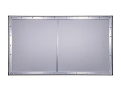 A front view of a large, rectangular projection screen with a silver surface and a black frame, divided vertically in the center.