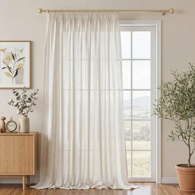Image de Rideau - Semi-transparent - Lin - Salon - Aspect lin - Rideaux avec bande passante - Courte - Lot de 2 - H 280 x L 300 cm