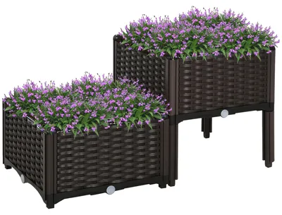 Obrázok produktu pre 2 ks vyvýšený záhon, kvetináč s odtokovými otvormi, kvetináč v ratanovom štýle, plast, hnedá farba, 40 x 40 x 44 cm