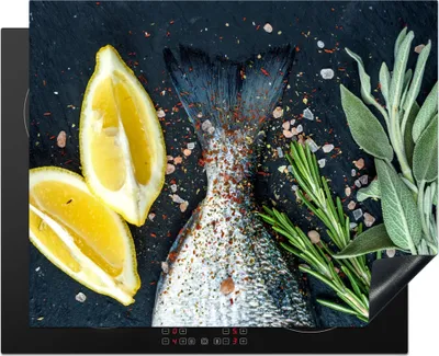 Produktbild von KitchenYeah© Herdabdeckplatte Fisch - Zitrone - Kräuter , 65x52cm, Küche Deko, Glaskeramikkochfeld Herdabdeckung, Abdeckplatte fùr Kochfeld