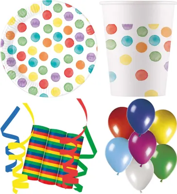 Produktbild von 16-tlg. Set Kindergeburtstag Party Feier Fete Deko Motto Dots Punkte bunt