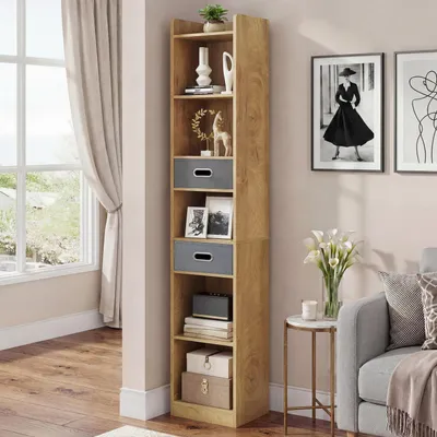 Produktbild von Bücherregal 5 Ebenen mit 2 Stoffschubladen, schmal, Eckregal, Eichenfarbe, 30x24x180 cm