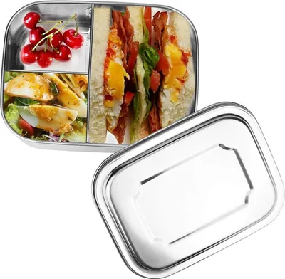 Obrázek produktu pro Nerezová krabička na oběd se 3 přihrádkami - 16 x 13 x 6 cm - 1000 ml - Bento box pro děti a dospělé