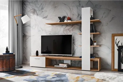 Produktbild von Wohnzimmer TV-Wohnwand mit 190 cm Breite, in Eiche mit Weiß - EIBAR-164