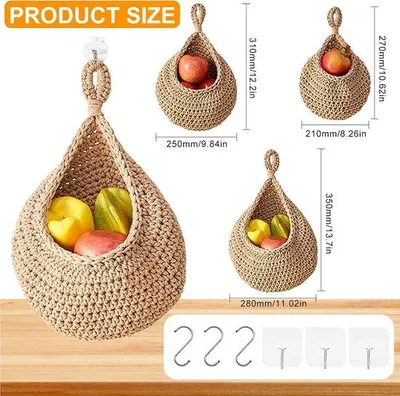 Produktbild von Hängender Obstkorb für Küche, handgewebtes Baumwollgewebe, Obstkorb, hängend, mit 3 Wandhalterungen, für Küche, Gemüse, Gemüse, Pflanzen für die Wand