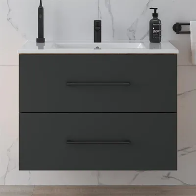 Produktbild von Planetmöbel Waschtischunterschrank 70 cm Gold Eiche / Anthrazit mit Einsatzwaschbecken