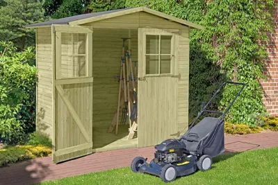 Produktbild von WOODTEX Braun Grün Gerätehaus Berlin Größe 1 14 mm, Gartenhaus aus Kiefer, kesseldruckimprägniert, mit Doppeltür, Boden und Dachpappe, einfache Montage