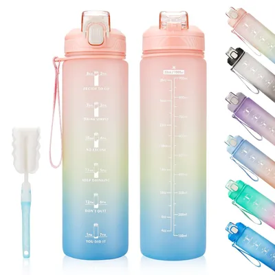 Productafbeelding van TRANKIELO® - 1L waterfles met tijdmarkering – lekvrij, BPA-vrij, rietje & draagriem voor fitness en buitensport