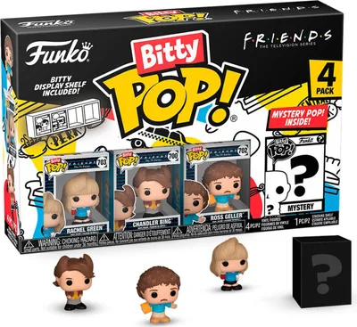 A Funko Bitty Pop! Friends 4-pack box set featuring Rachel Green, Chandler Bing, Ross Geller, and a mystery pop, with a display shelf included.