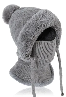Produktbild von Strickmütze Damen Thermo Winter 3-in-1 Beanie Mütze & Halswärmer Set Grau Fleece gefüttert