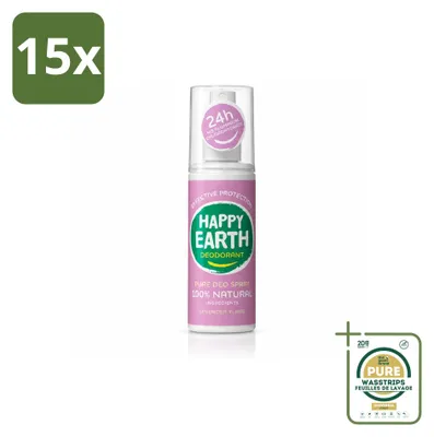 Obrázek produktu pro 15 kusů deodorantu ve spreji Happy Earth Pure – vůně levandule a ylang-ylang – 100 ml – balení