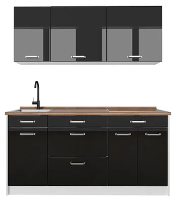 Produktbild von Singleküche Vicco R-Line Schwarz Hochglanz/Weiß 160 cm Arbeitsplatte Goldkraft Eiche, Model 66183