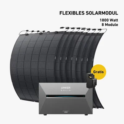 Produktbild von 1800 Watt, Komplettset mit flexiblen Modulen, Balkonkraftwerk, Anker SOLIX Solarbank 3 E2700 Pro, 4 x BP2700 Zusatzbatterien