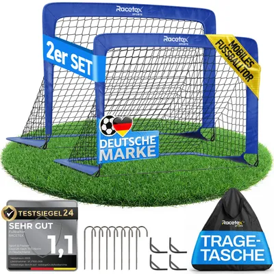 Produktbild von Racetex 2er Fußballtor Kinder Set - Fußball Tore inkl. nützlicher Tasche zum Transportieren - Version mit verstärkten Glasfaserstangen - Blau