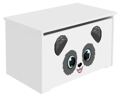Produktbild von Spielzeugkiste Daria – Weiß mit Panda-Motiv | Laminierter Möbelbauplatte 16 mm, UV-beständiger Druck | 73x42x40 cm – Sicher mit Gasdruckfeder