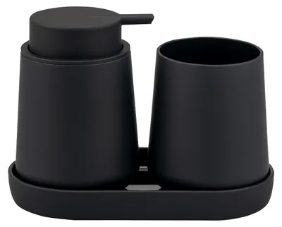 Image de eluno Set d'accessoires pour la salle de bain TESERO 3pcs. comprenant 1x distributeur de savon, 1x gobelet, 1x bol, en plastique noir