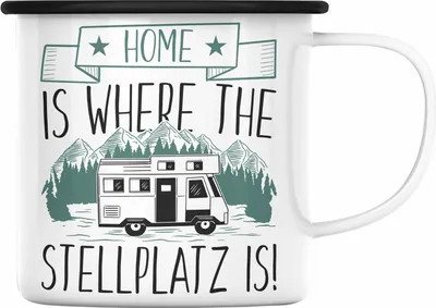 Produktbild von Trendation - Home Is Where The Stellplatz Is Emaille Tasse Geschenk Wohnmobil Camper Wohnmobilfahrer Geschenkidee Lustig (Schwarz)
