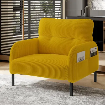 Image de OKWISH Fauteuil Moderne - Avec Accoudoirs Poches Latérales Tissu Velours Côtelé Jaune