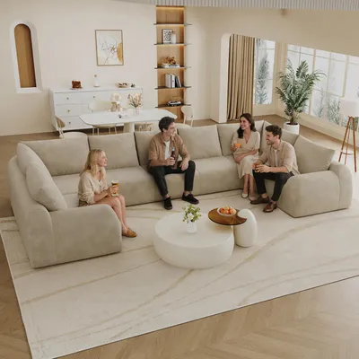 Produktbild von Kompressionssofa 411cm, boneless, U-Form, montagefrei, für Wohnzimmer & Schlafzimmer. Beige