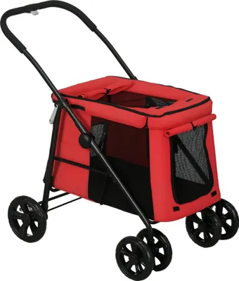 Image de PawHut Poussette chien poussette pour chien pliable coussin inclus roues avec frein tissu 600D Oxford acier pour animaux moins de 20 kg, 102 x 62 x 105 cm, rouge