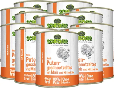 Produktbild von 12 x 820 g - Schecker Hundemenü Nassfutter + Putengeschnetzeltes mit Mais, Hüttenkäse und Kokosöl