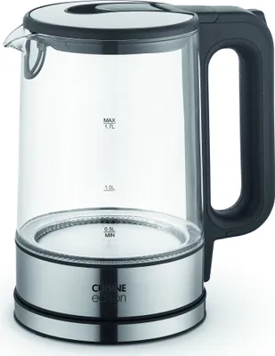 A studio shot of a glass electric kettle on a white background.