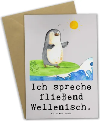 Produktbild von Mr. & Mrs. Panda Grußkarte Fließend Surfen - Grau Pastell - Geschenk, Grußkarten, Teamsport, osterkarte, Surf-Abenteuer, Abenteuer, Sportler, weihnachtskarten, Sportart