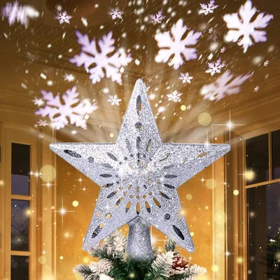 Immagine prodotto di Punta per albero di Natale a forma di stella con proiettore a LED e fiocchi di neve, decorazione rotante per albero di Natale, lampada proiettore, ornamento per albero di Natale, decorazione, argento