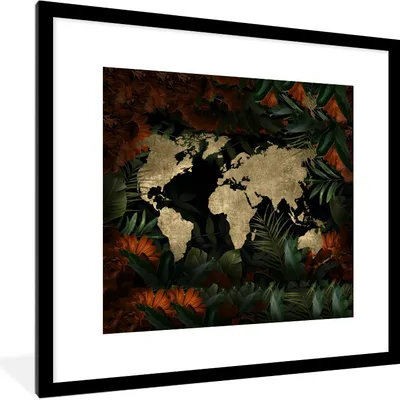 Produktbild von MuchoWow® MuchoWow® Gerahmtes Poster Weltkarte - Retro - Blumen 40x40 cm - Poster mit zchwarzem Bilderrahmen - Poster - Plakat im Rahmen