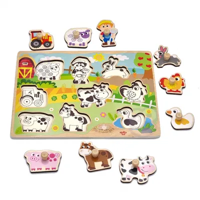 Produktbild von TOOKY TOY Holzpuzzle, Bauernhof mit passenden Stecknadeln