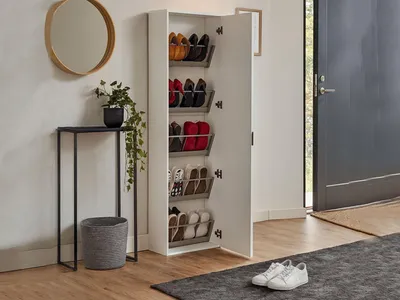Produktbild von Schuhregal Dbarrec, Mehrzweck - Dielenmöbel mit Spiegeltür, Moderner Schuhschrank mit 5 Einlegeböden, 100%  Italy, 50x18h178 cm, Weiß