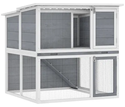 Produktbild von Hasenstall 2 Etagen Kaninchenstall aus Holz mit wetterfest aufklappbar Dach, Freilaufgehege, Rampe, 98x95x102,5 cm Grau