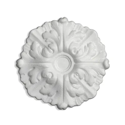 A white decorative rosette is shown against a white background.