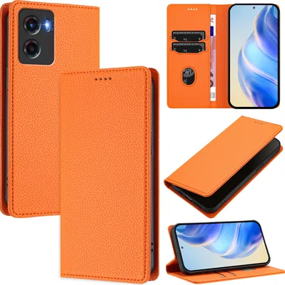 Obrázek produktu pro Kožené pouzdro pro Motorola Moto G05/E15, Litschi kůže, peněženkové pouzdro s přihrádkami na karty a stojánkem Pomerančový